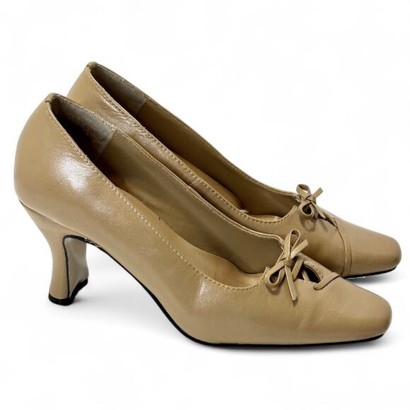 Ann Kristal Leather Pumps 5.5M Camel Tan Bow Square Toe Block Heel Y2K Eulalia - Picture 2 of 11